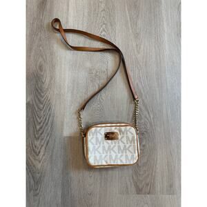 Michael Kors Jet Set Crossbody Bag – Vanilla Logo Fabric & Brown Leather Trim